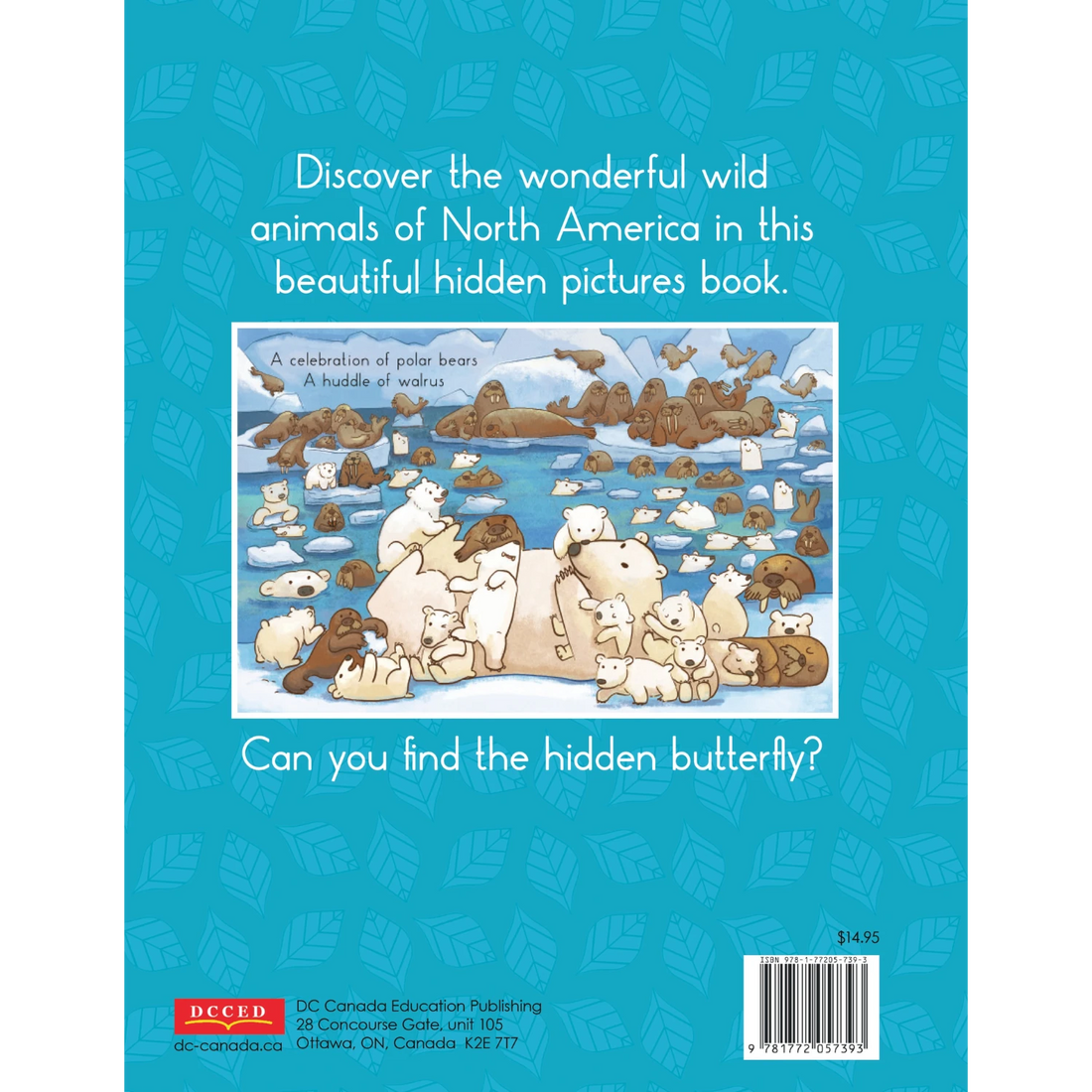 Hide and Seek English back cover with a wildlife scene and story details