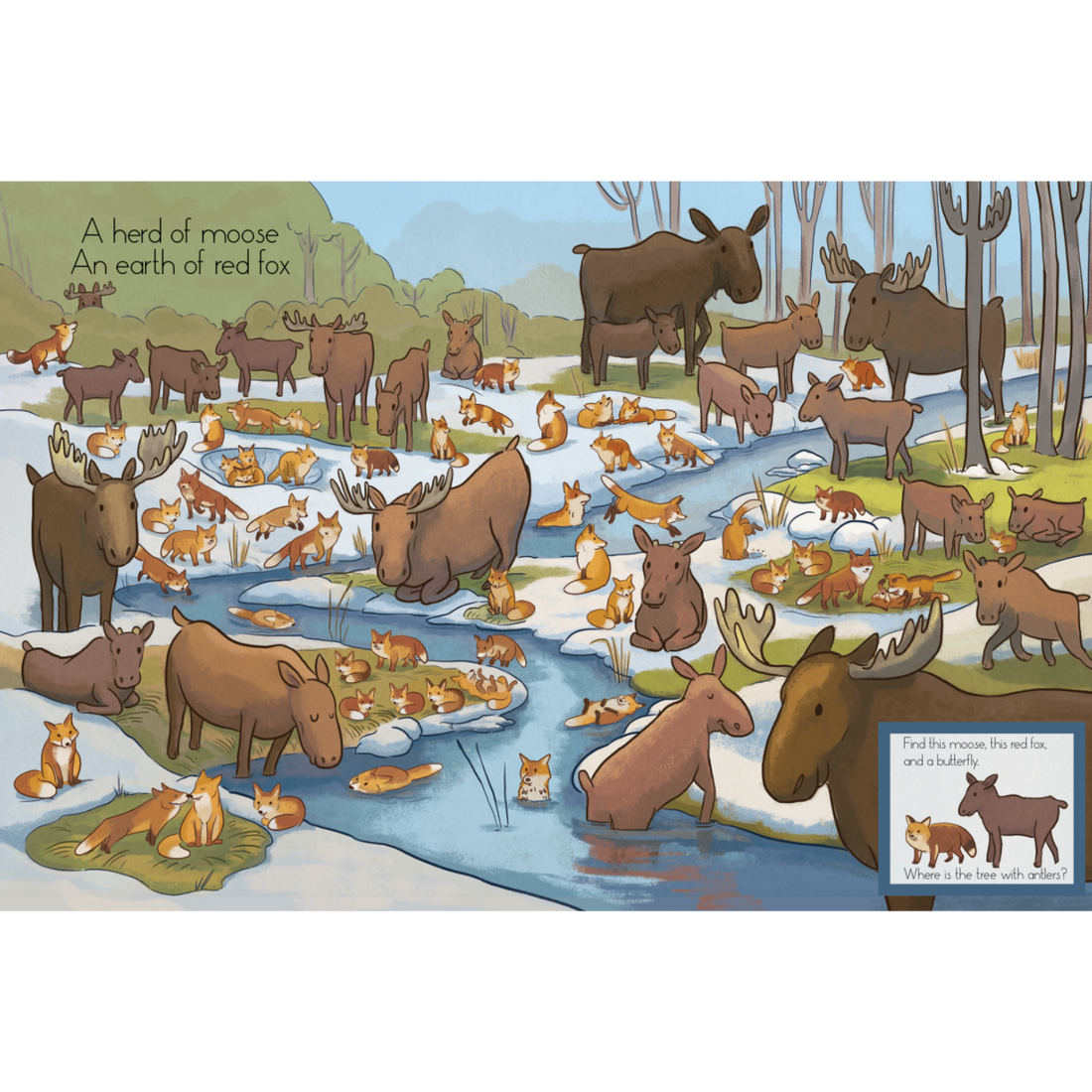 Illustrated spread from Hide and Seek showing moose and other North American wildlife