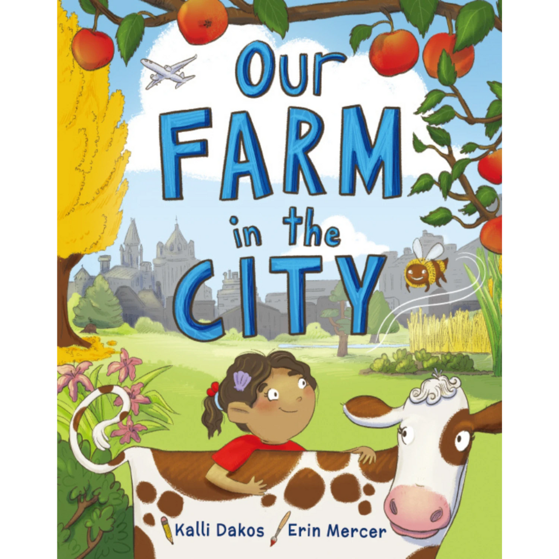 Our Farm in the City English front cover with a child and farm animals