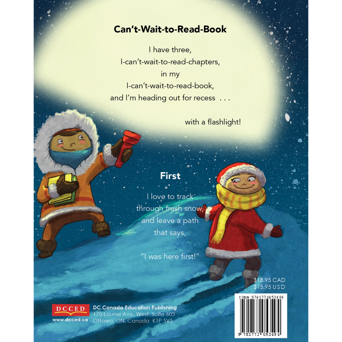 Recess in the Dark English back cover with poems and a northern winter illustration