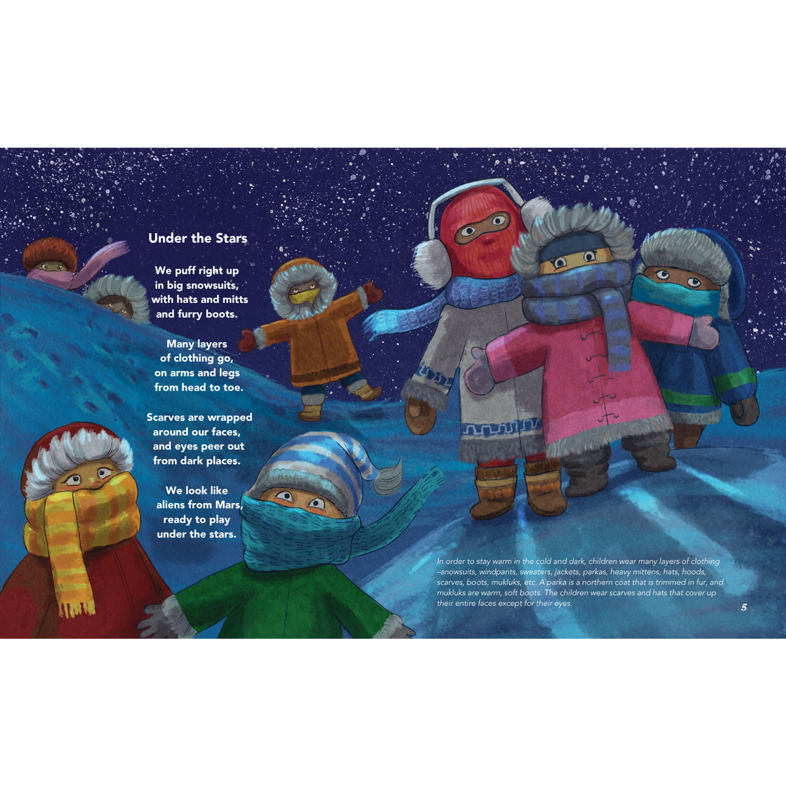 Illustrated poetry spread from Recess in the Dark showing children playing outside at night