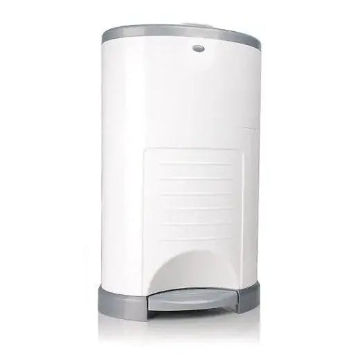Dekor Plus Diaper Pail, white with gray base and foot pedal, DEKOR brand.