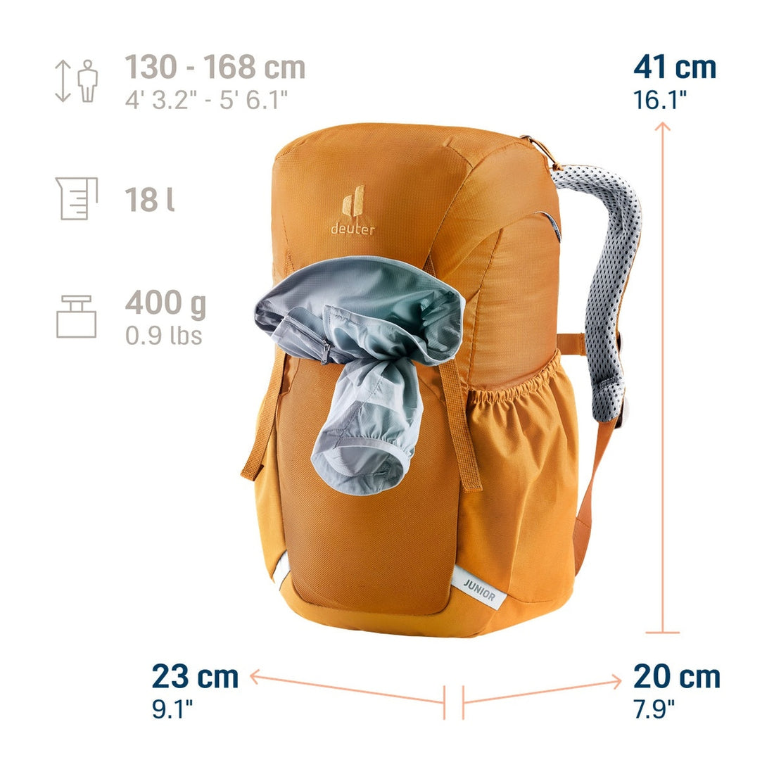 Deuter Junior Kids' Backpack in Maple Amber — dimension diagram with rolled jacket in front compartment