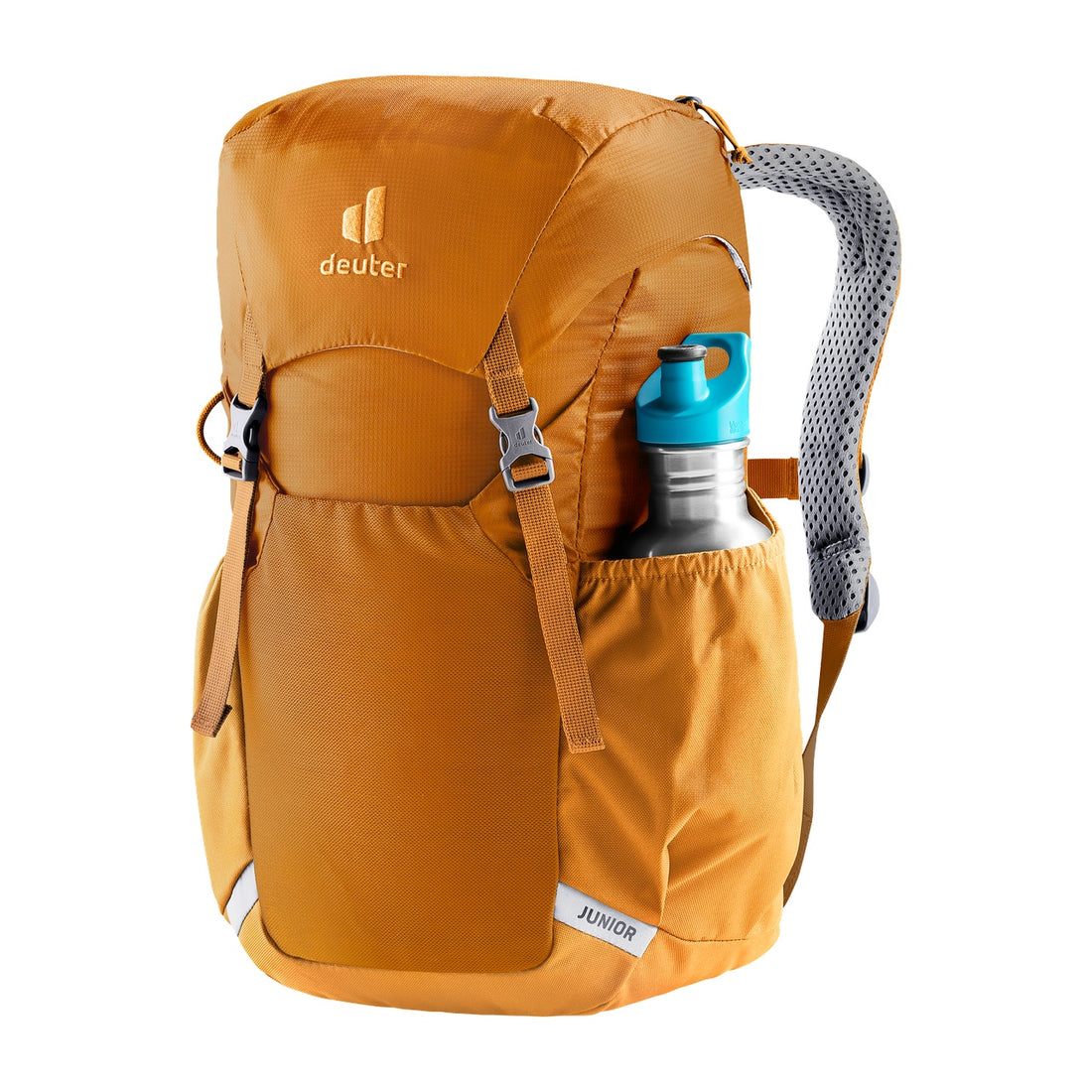 Deuter Junior Kids' Backpack in Maple Amber — front three-quarter view with bottle in side pocket