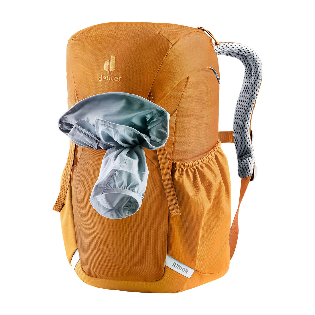 Deuter Junior Kids' Backpack in Maple Amber — front view with rolled jacket in front compartment