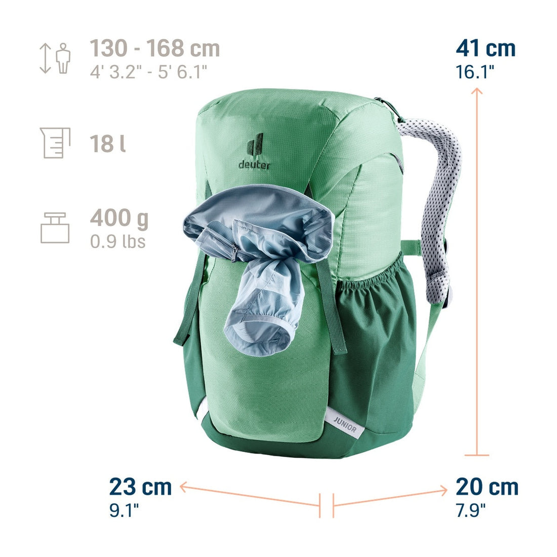 Deuter Junior Kids' Backpack in Spearmint Seagreen — dimension diagram with rolled jacket in front compartment