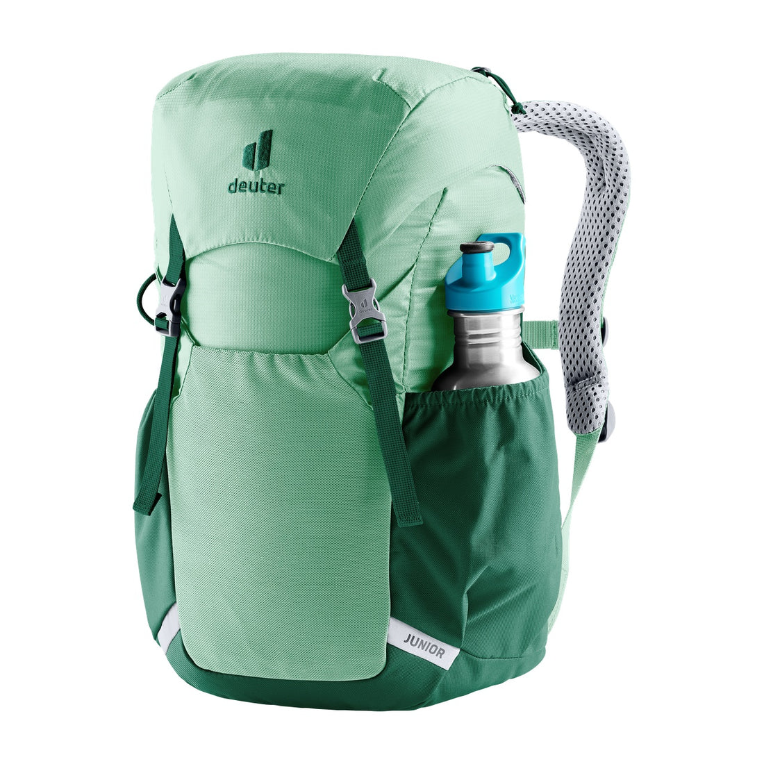 Deuter Junior Kids' Backpack in Spearmint Seagreen — front three-quarter view with bottle in side pocket