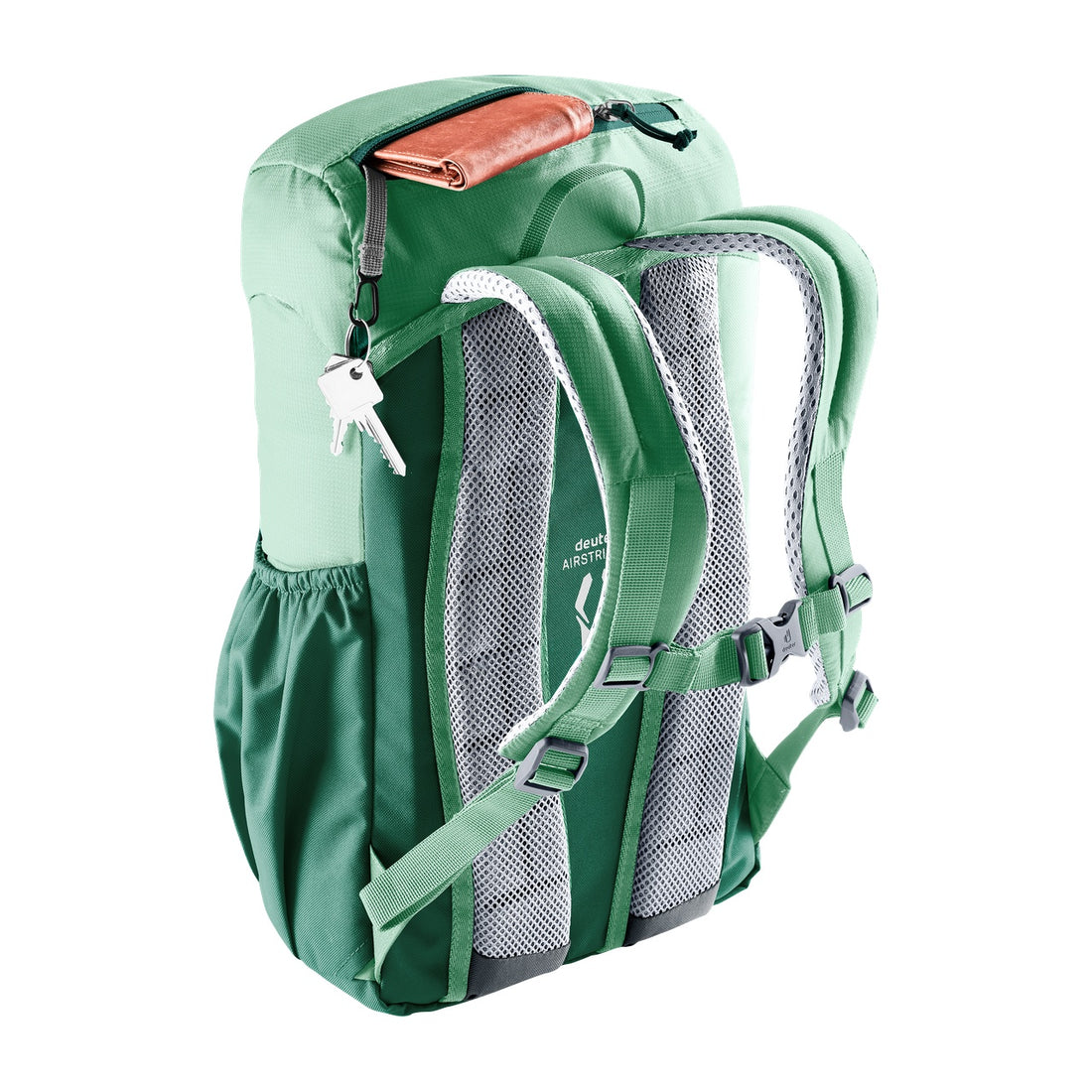 Deuter Junior Kids' Backpack in Spearmint Seagreen — rear three-quarter view with small items in top zip pocket