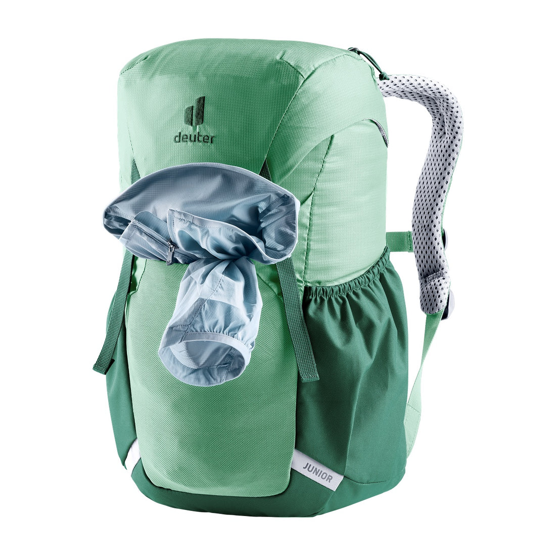 Deuter Junior Kids' Backpack in Spearmint Seagreen — front view with rolled jacket in front compartment