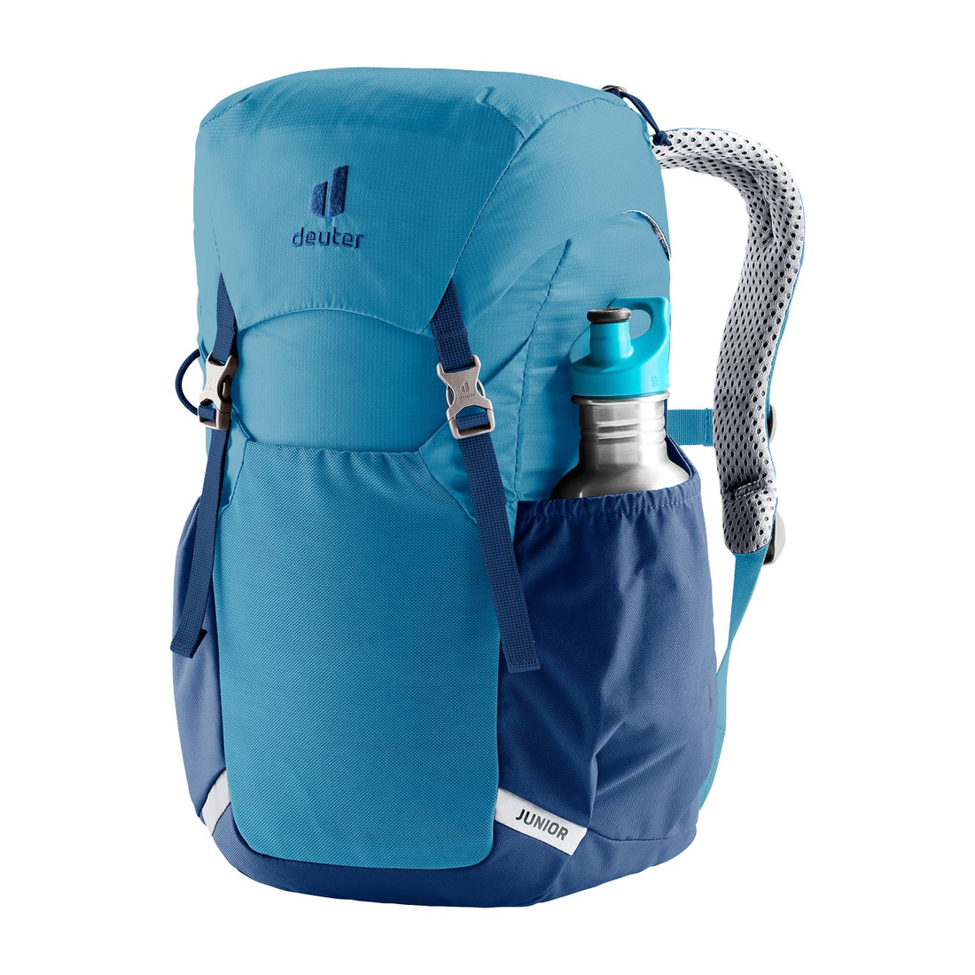 Deuter Junior Kids' Backpack in Wave Nightblue — front three-quarter view with bottle in side pocket