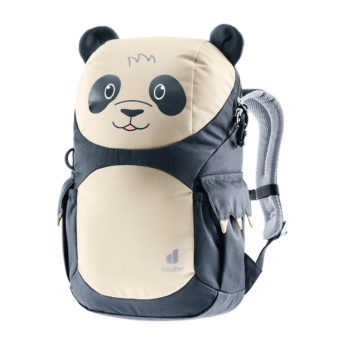 Deuter Kikki Kids' Backpack in Black Bone — front three-quarter hero view with animal-face design