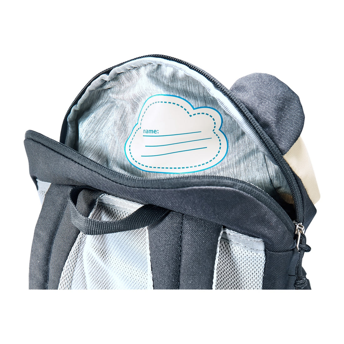 Deuter Kikki Kids' Backpack in Black Bone — open main compartment with interior name panel