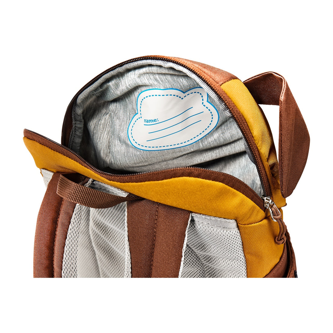 Deuter Kikki Kids' Backpack in Maple Umbra — open main compartment with interior name panel