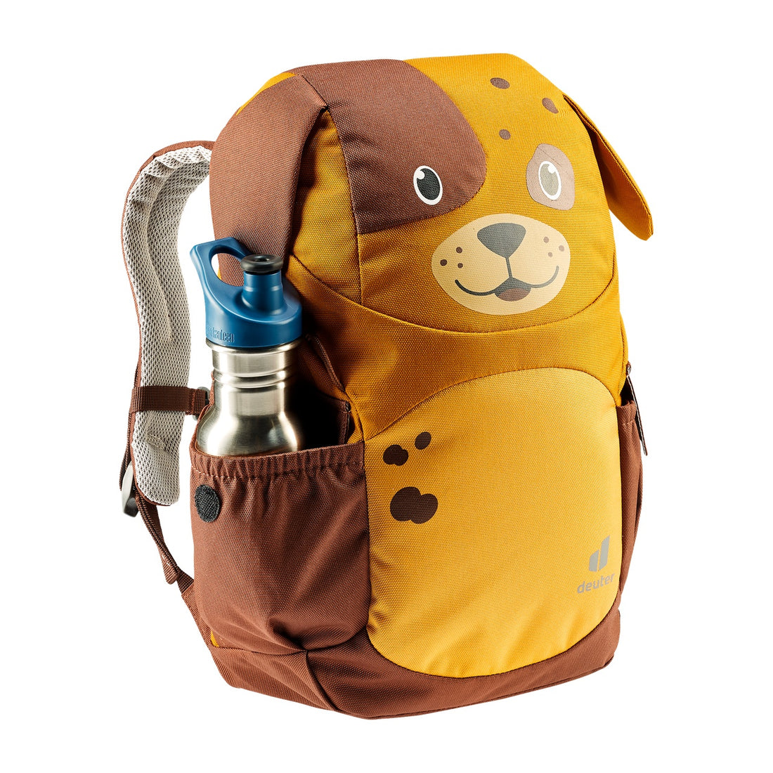 Deuter Kikki Kids' Backpack in Maple Umbra — front three-quarter view with bottle in side pocket