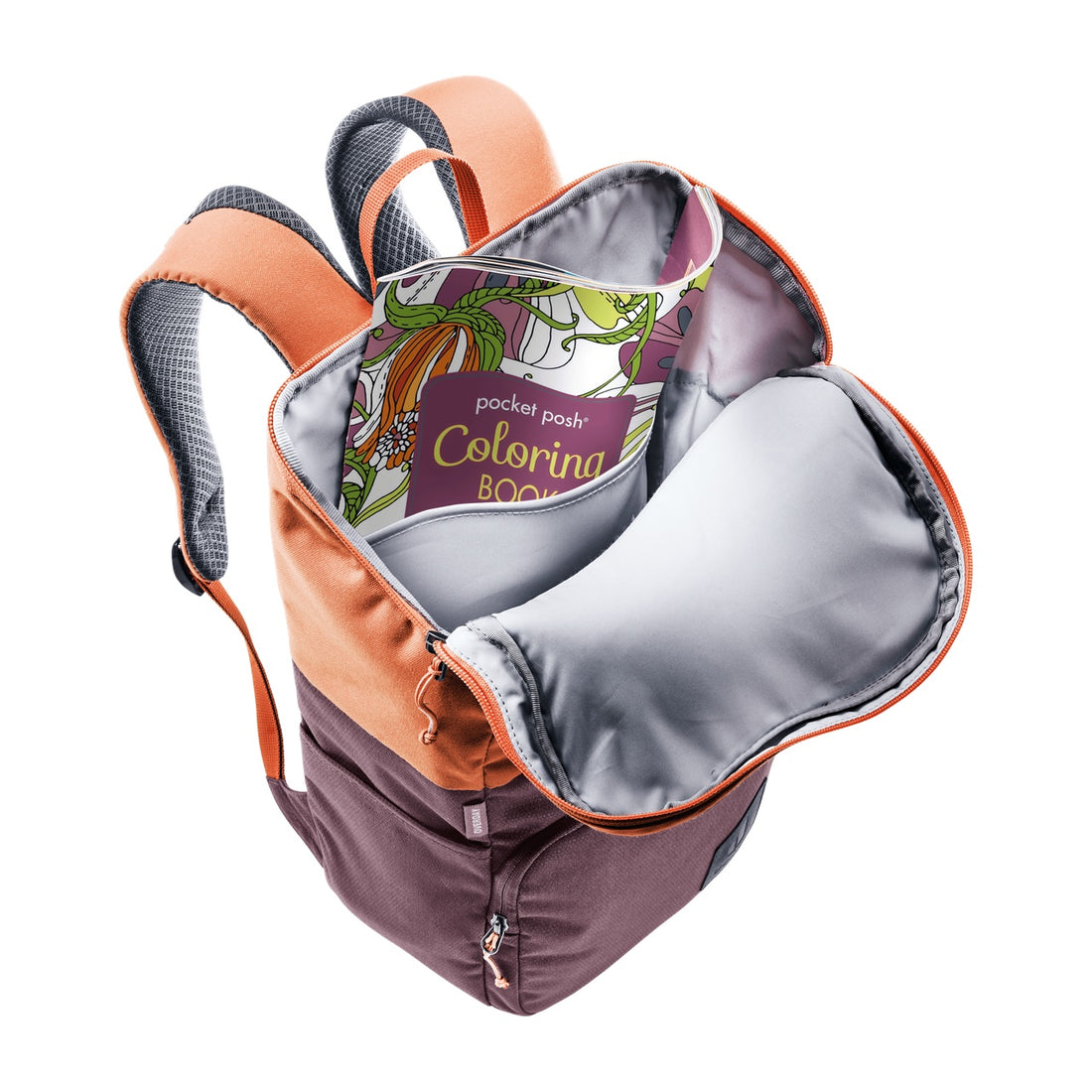 Deuter Overday Kids' Backpack in Aubergine Sienna — open main compartment holding a book and clothing