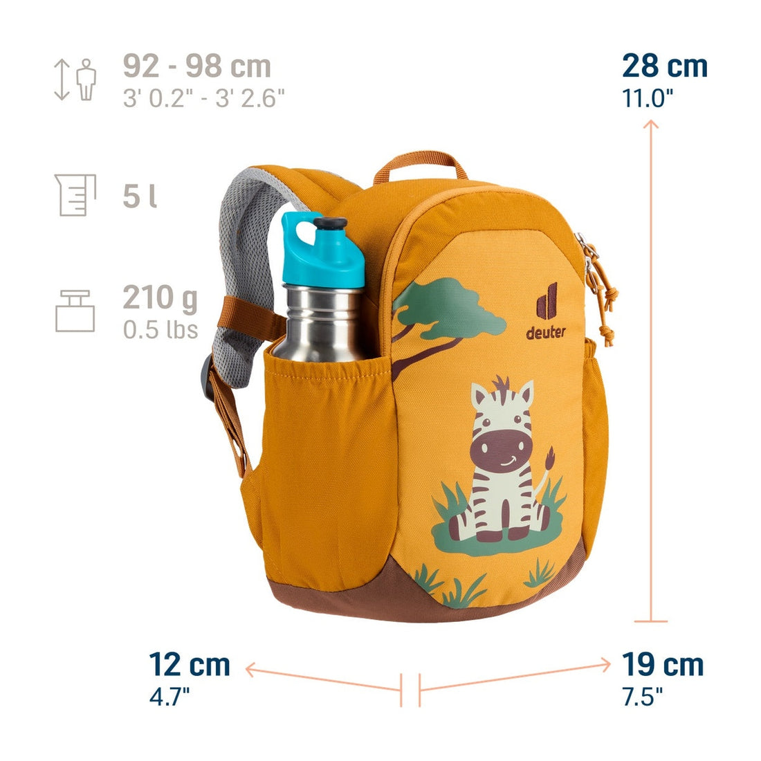 Deuter Pico Kids' Backpack in Amber Maple — dimension diagram with bottle in side pocket