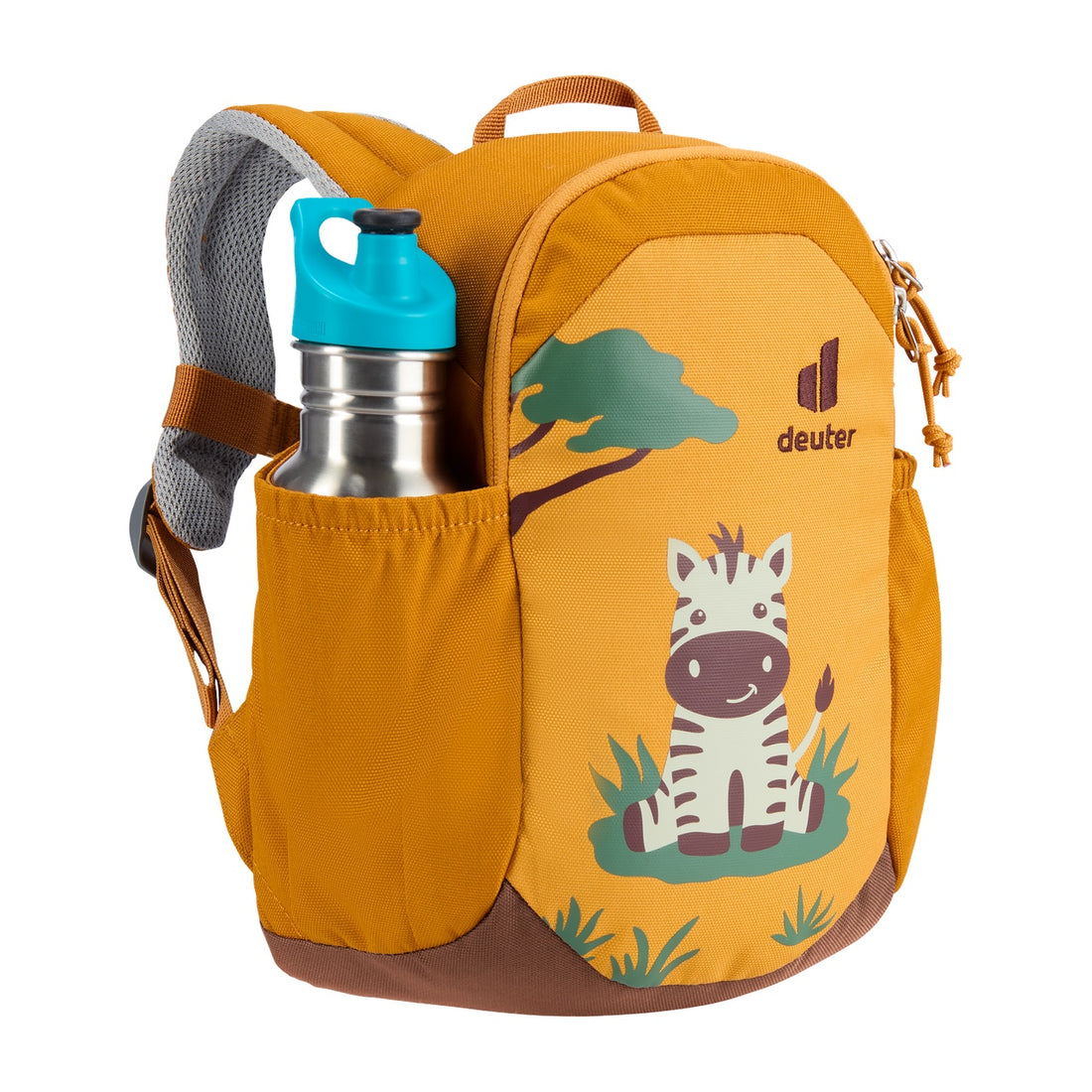 Deuter Pico Kids' Backpack in Amber Maple — front three-quarter view with bottle in side pocket