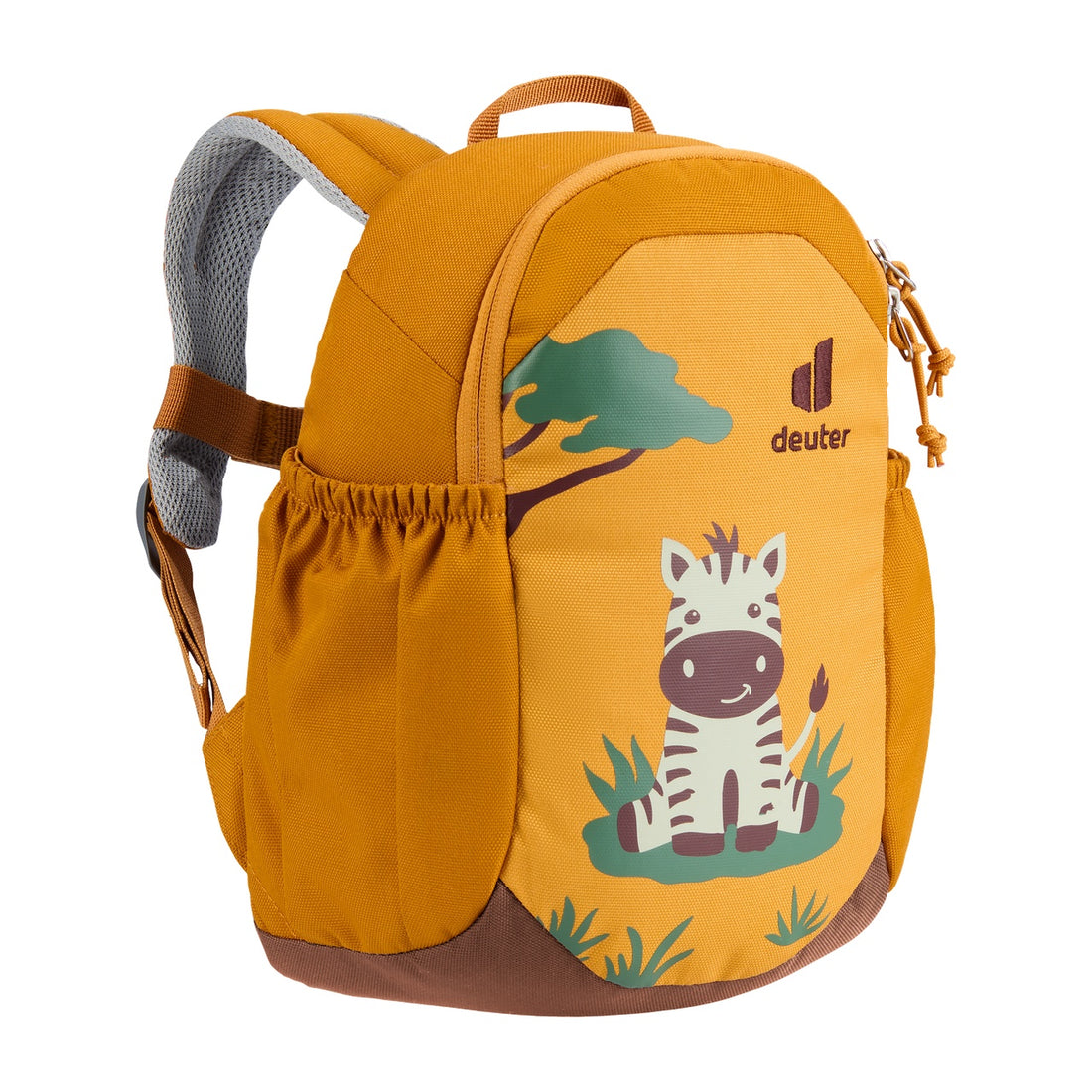 Deuter Pico Kids' Backpack in Amber Maple — front-left view showing zebra graphic and side pocket