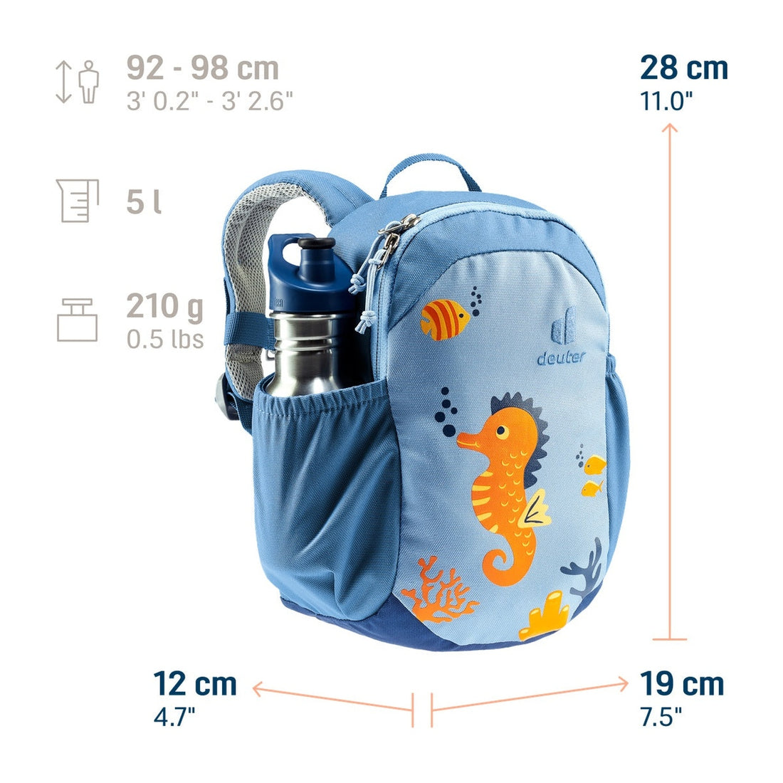 Deuter Pico Kids' Backpack in Aqua Wave — dimension diagram with bottle in side pocket