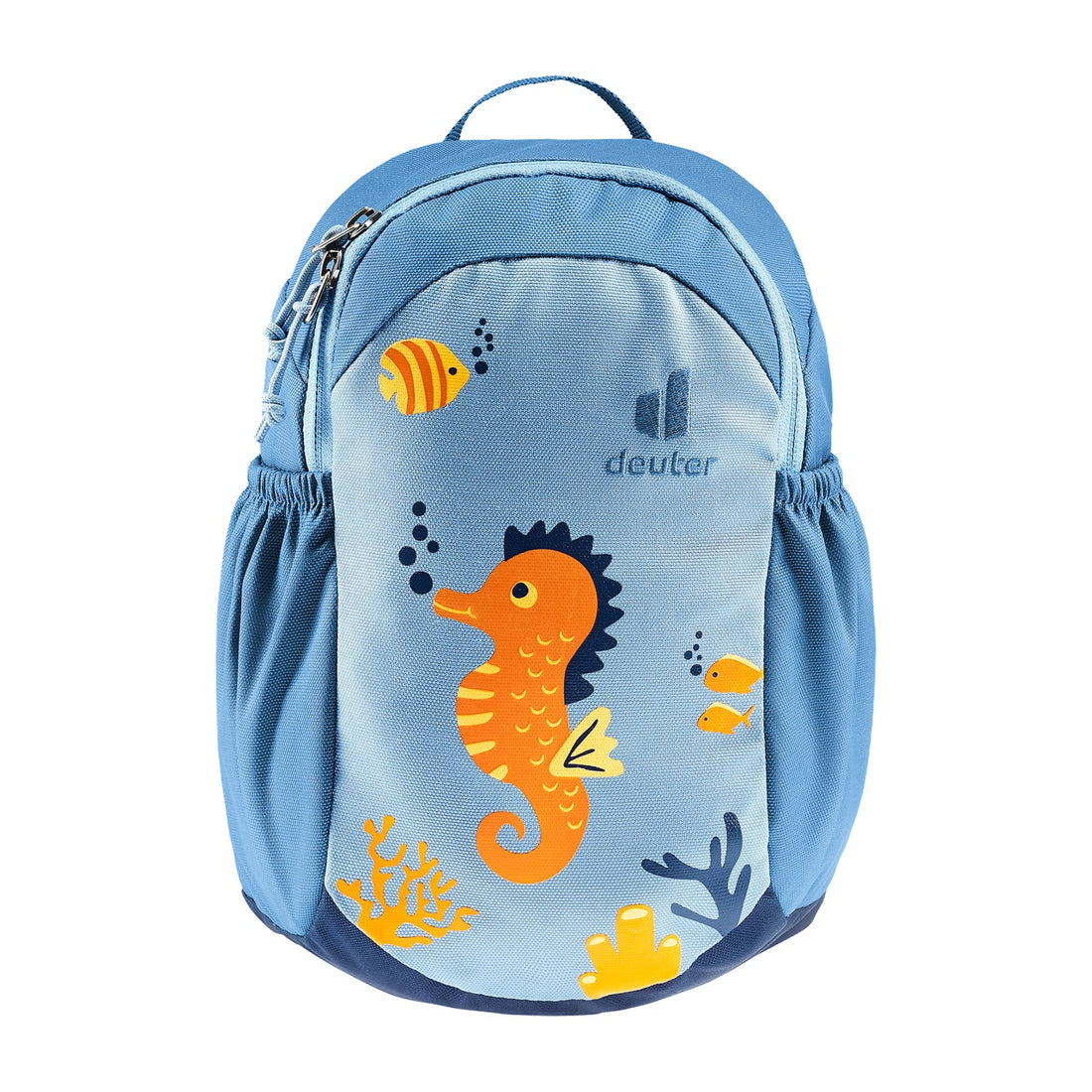 Deuter Pico Kids' Backpack in Aqua Wave — straight front view with seahorse graphic