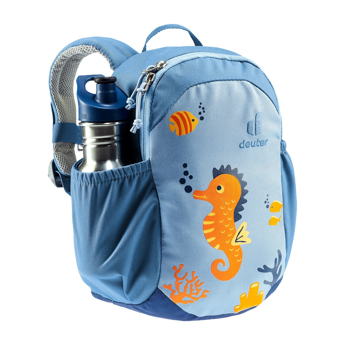 Deuter Pico Kids' Backpack in Aqua Wave — front three-quarter view with bottle in side pocket