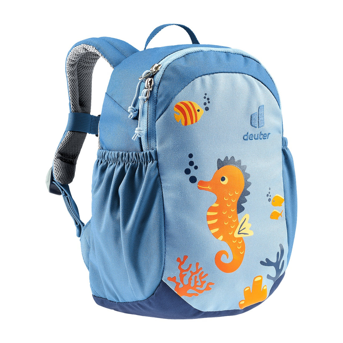Deuter Pico Kids' Backpack in Aqua Wave — front-left view showing seahorse graphic and side pocket