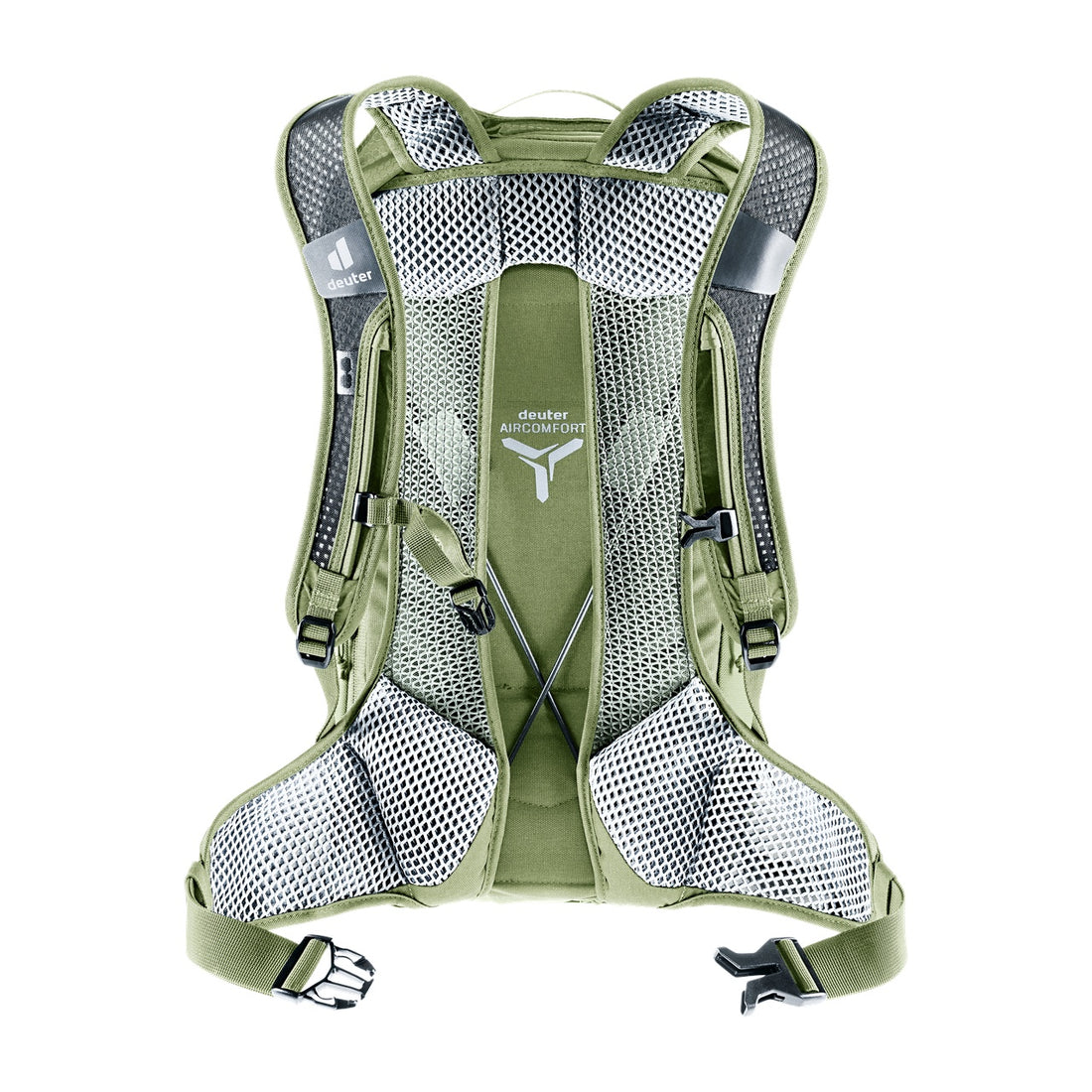Deuter Race Air 14+3 Cycling Backpack in Mineral Grove — straight rear view showing suspended mesh back and harness