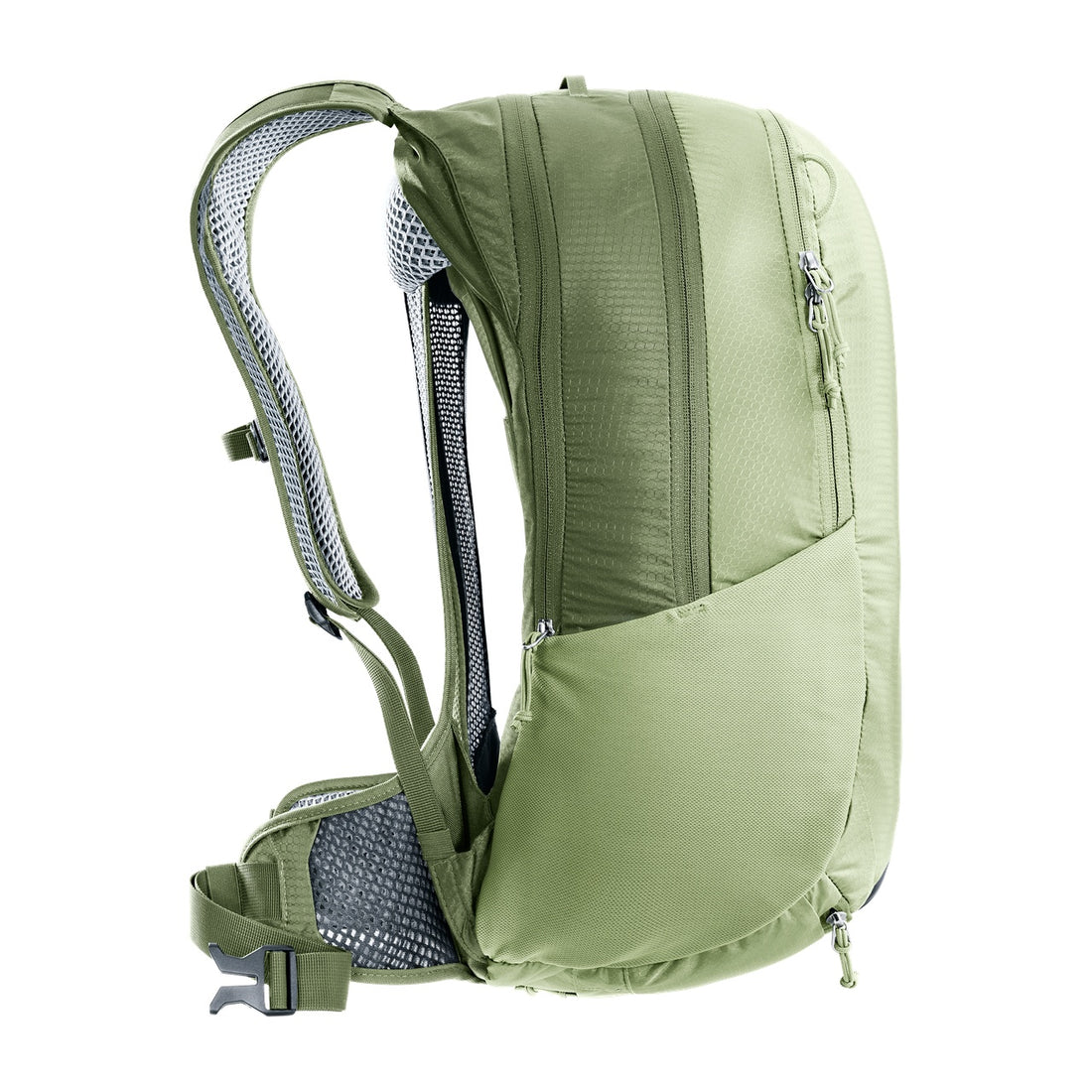 Deuter Race Air 14+3 Cycling Backpack in Mineral Grove — right-side view showing expansion zipper and hip belt