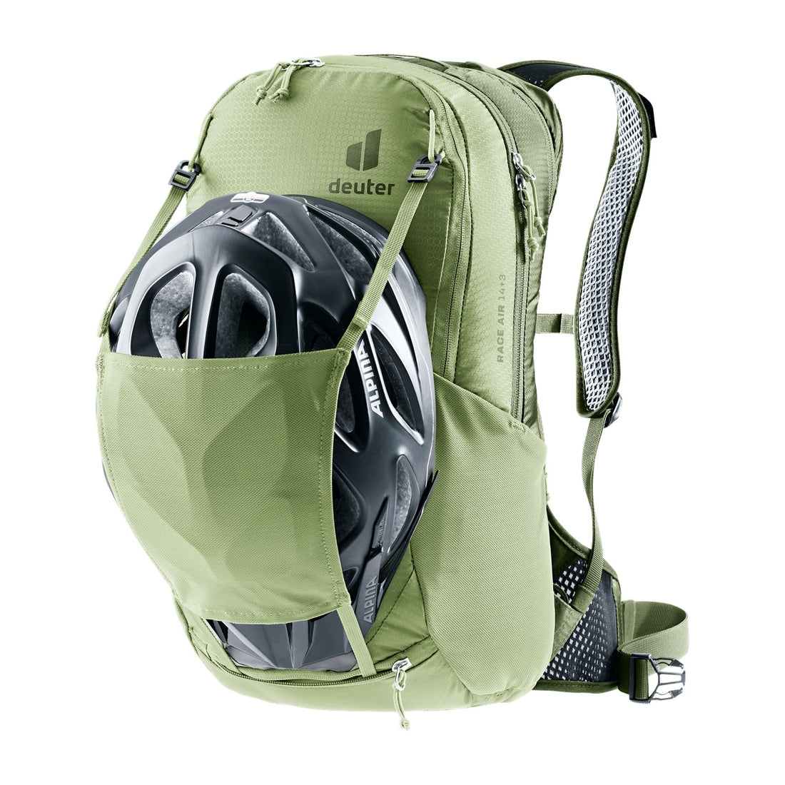 Deuter Race Air 14+3 Cycling Backpack in Mineral Grove — front helmet carrier holding a cycling helmet