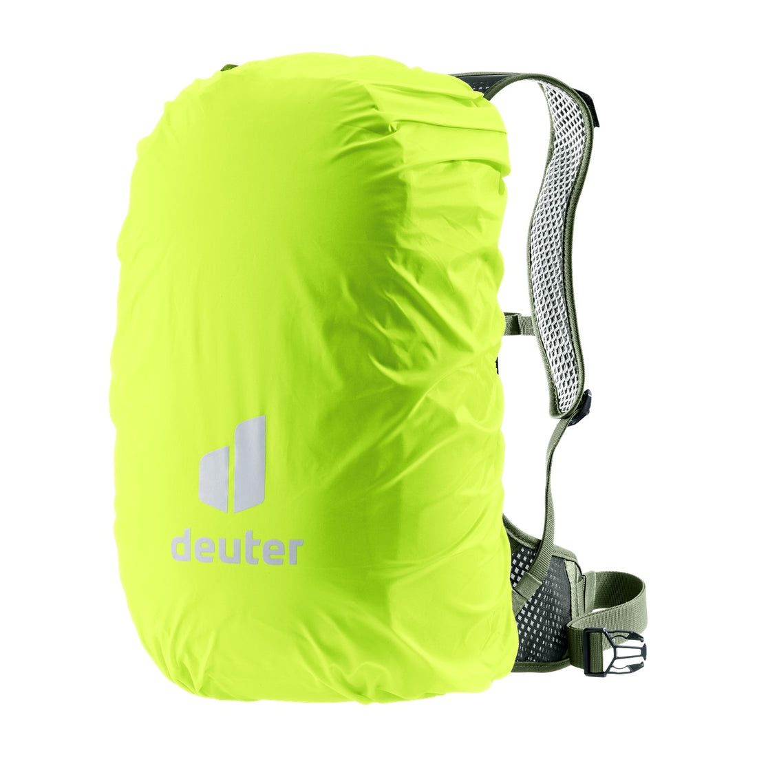 Deuter Race Air 14+3 Cycling Backpack in Mineral Grove — backpack covered by fluorescent yellow rain cover
