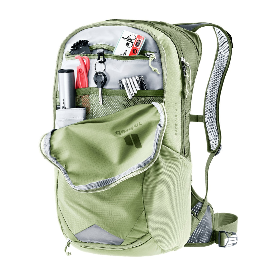 Deuter Race Air 14+3 Cycling Backpack in Mineral Grove — open front organizer holding cycling tools
