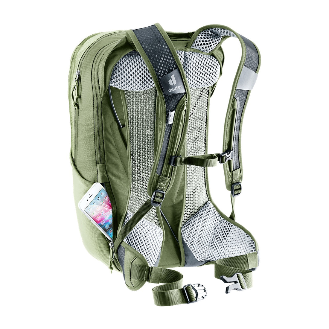 Deuter Race Air 14+3 Cycling Backpack in Mineral Grove — rear three-quarter view with phone in hip-belt pocket