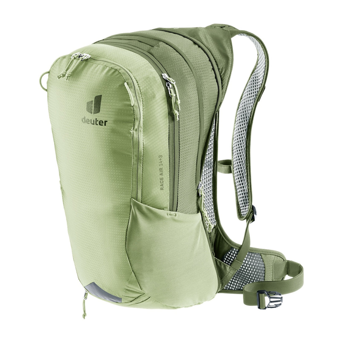 Deuter Race Air 14+3 Cycling Backpack in Mineral Grove — front-right view showing zippers and side pocket