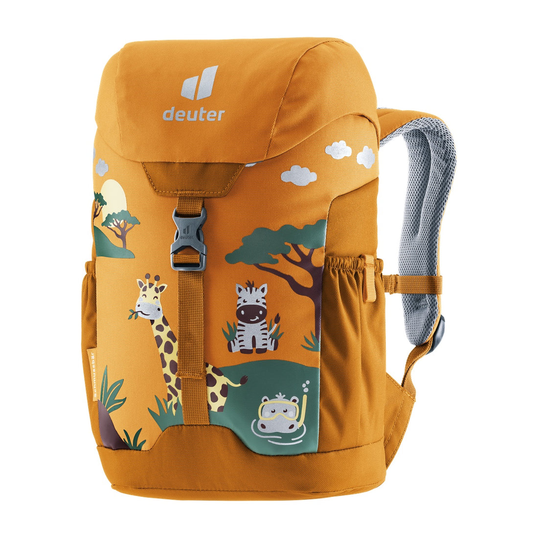 Deuter Schmusebär Kids' Backpack in Amber Maple — front three-quarter view with illustrated front panel