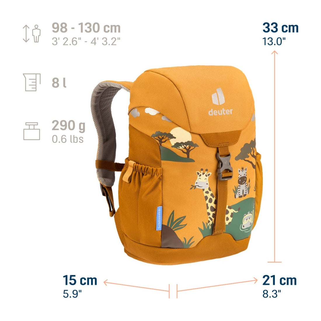 Deuter Schmusebär Kids' Backpack in Amber Maple — dimension diagram with backpack measurements