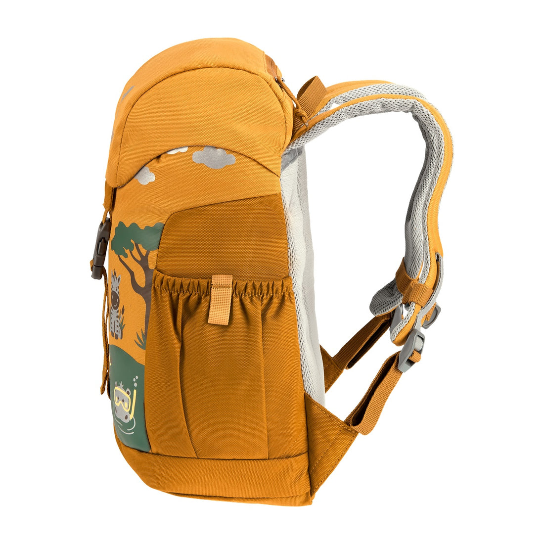 Deuter Schmusebär Kids' Backpack in Amber Maple — left-side view showing elastic side pocket