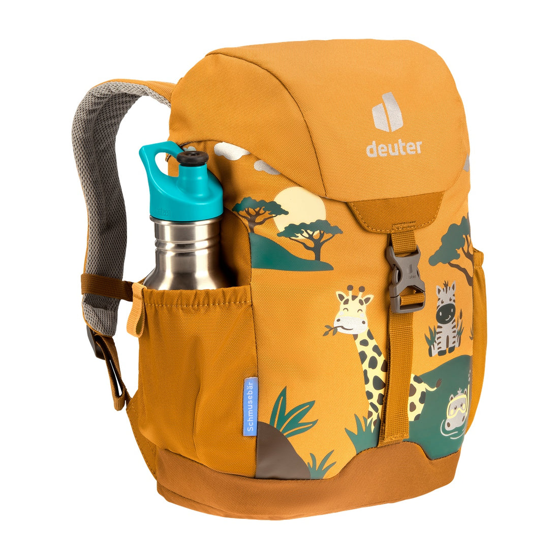Deuter Schmusebär Kids' Backpack in Amber Maple — front three-quarter view with bottle in side pocket