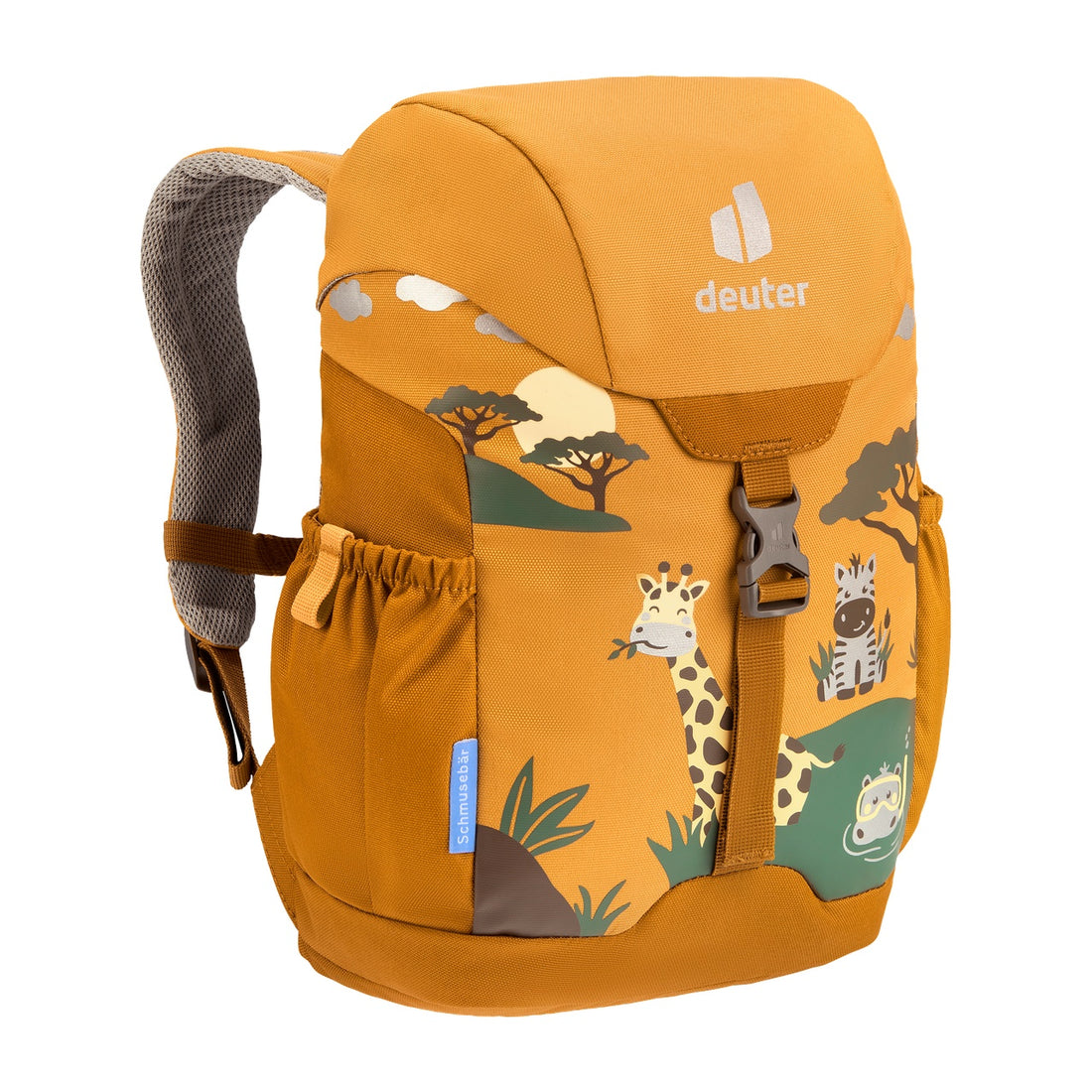 Deuter Schmusebär Kids' Backpack in Amber Maple — angled front view showing buckle and side pockets