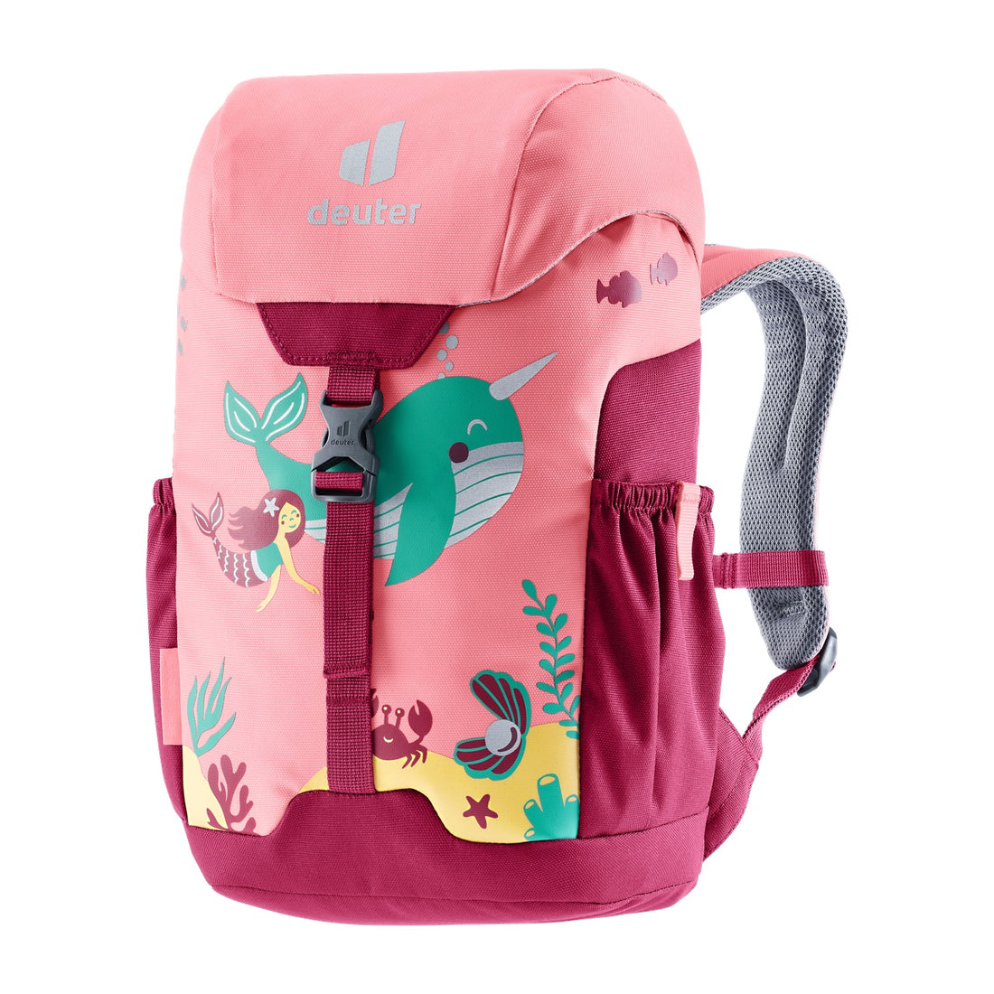 Deuter Schmusebär Kids' Backpack in Blossom Raspberry — front three-quarter view with illustrated front panel