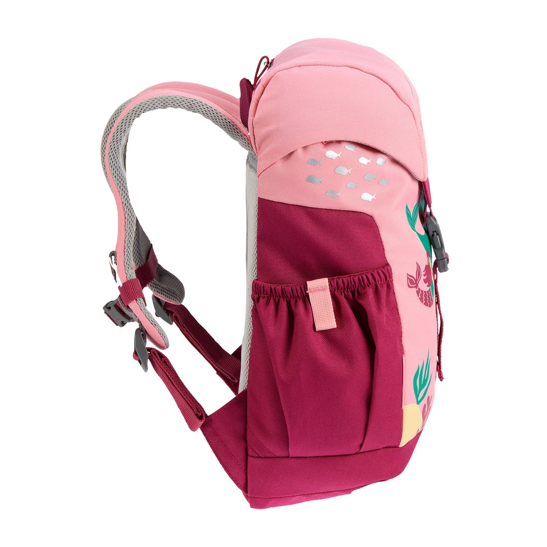 Deuter Schmusebär Kids' Backpack in Blossom Raspberry — right-side view showing elastic side pocket