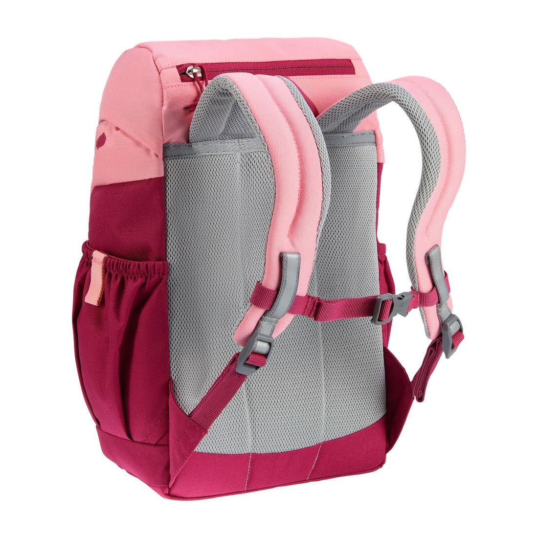 Deuter Schmusebär Kids' Backpack in Blossom Raspberry — rear three-quarter view showing back panel and sternum strap