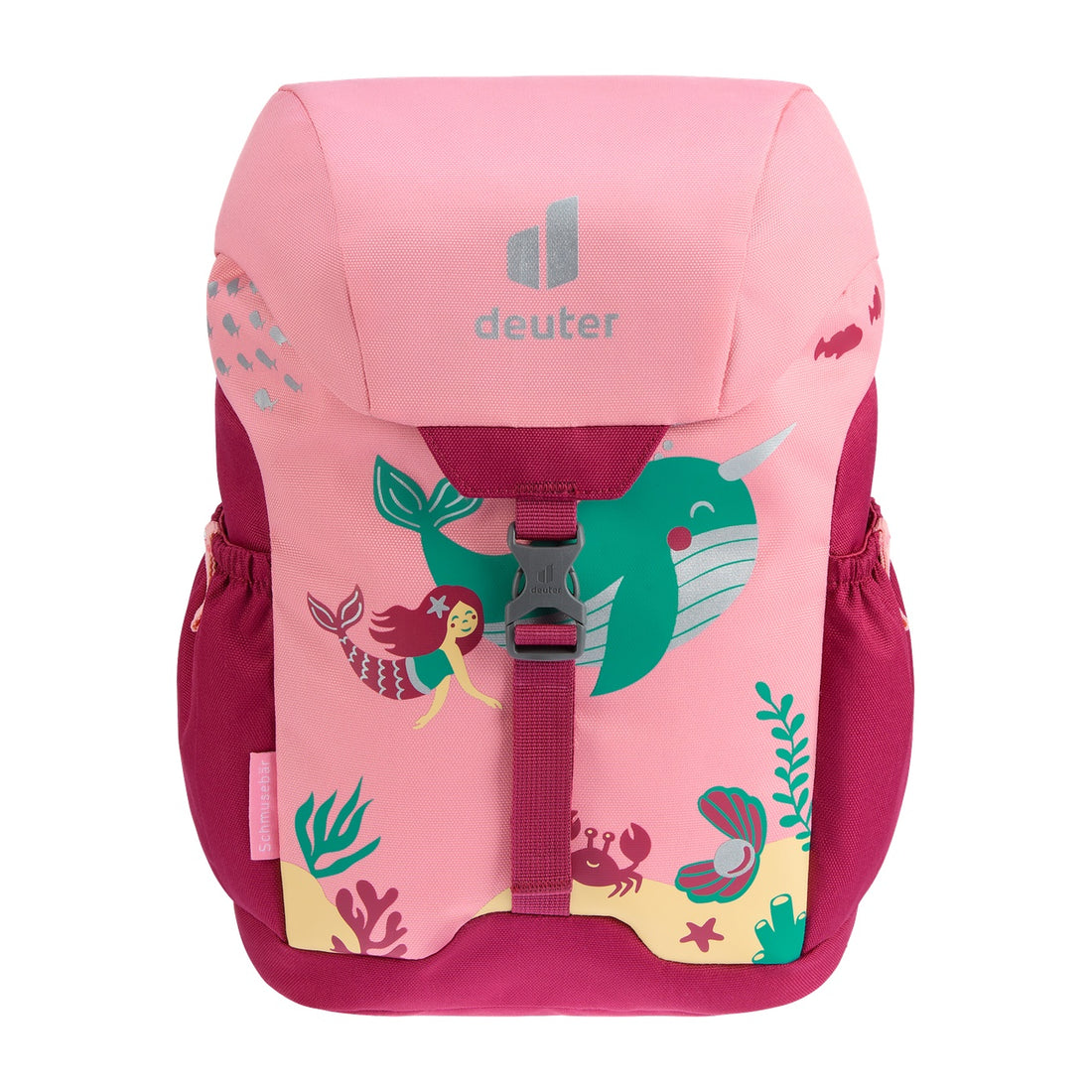 Deuter Schmusebär Kids' Backpack in Blossom Raspberry — straight front view with buckle and illustrated pockets