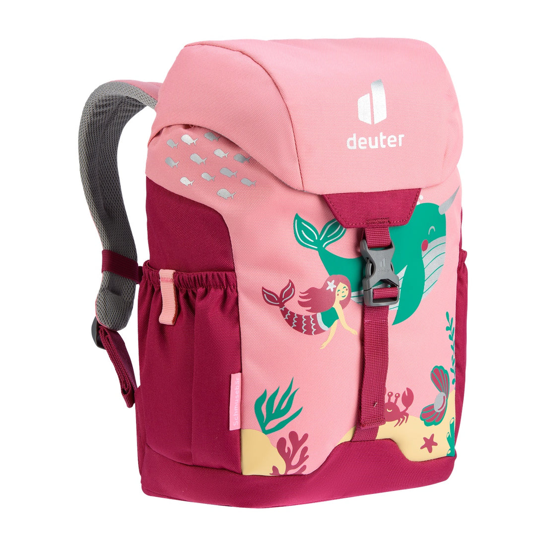 Deuter Schmusebär Kids' Backpack in Blossom Raspberry — angled front view showing buckle and side pockets
