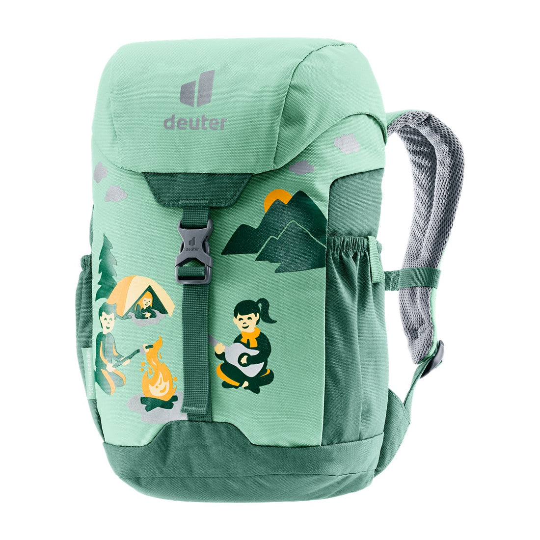 Deuter Schmusebär Kids' Backpack in Spearmint Seagreen — front three-quarter view with illustrated front panel