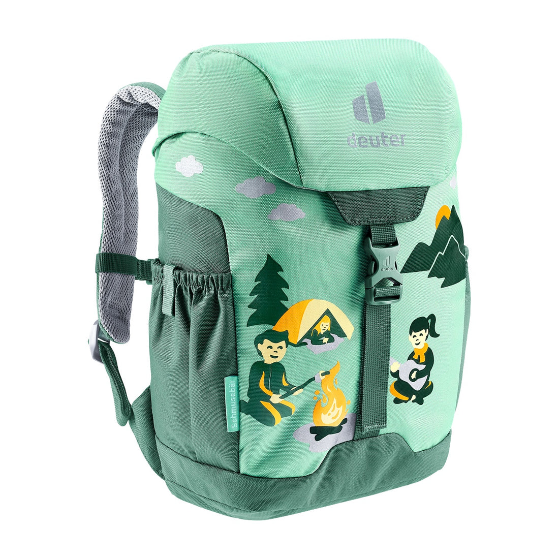 Deuter Schmusebär Kids' Backpack in Spearmint Seagreen — rear three-quarter view showing back panel and sternum strap