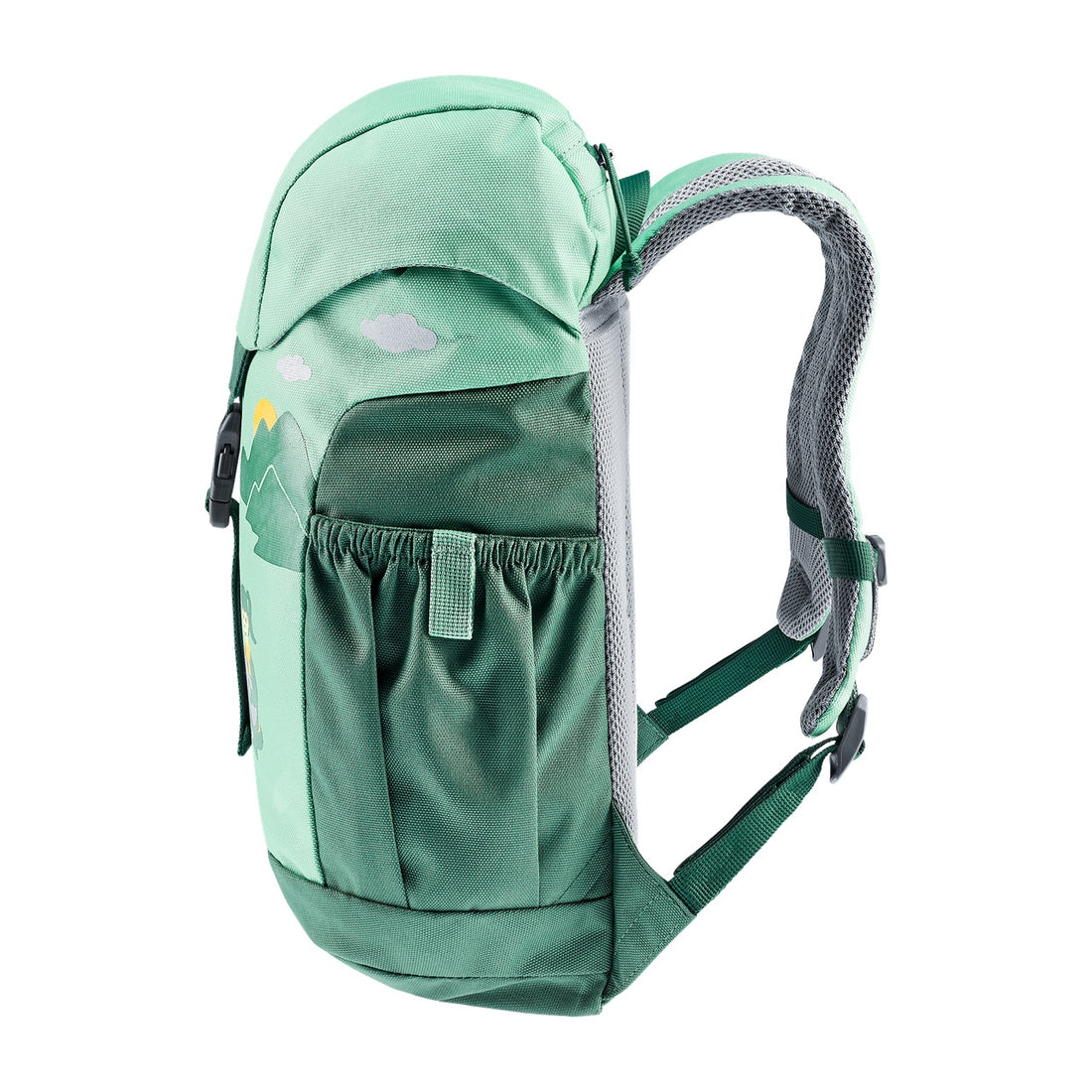 Deuter Schmusebär Kids' Backpack in Spearmint Seagreen — straight front view with buckle and illustrated pockets