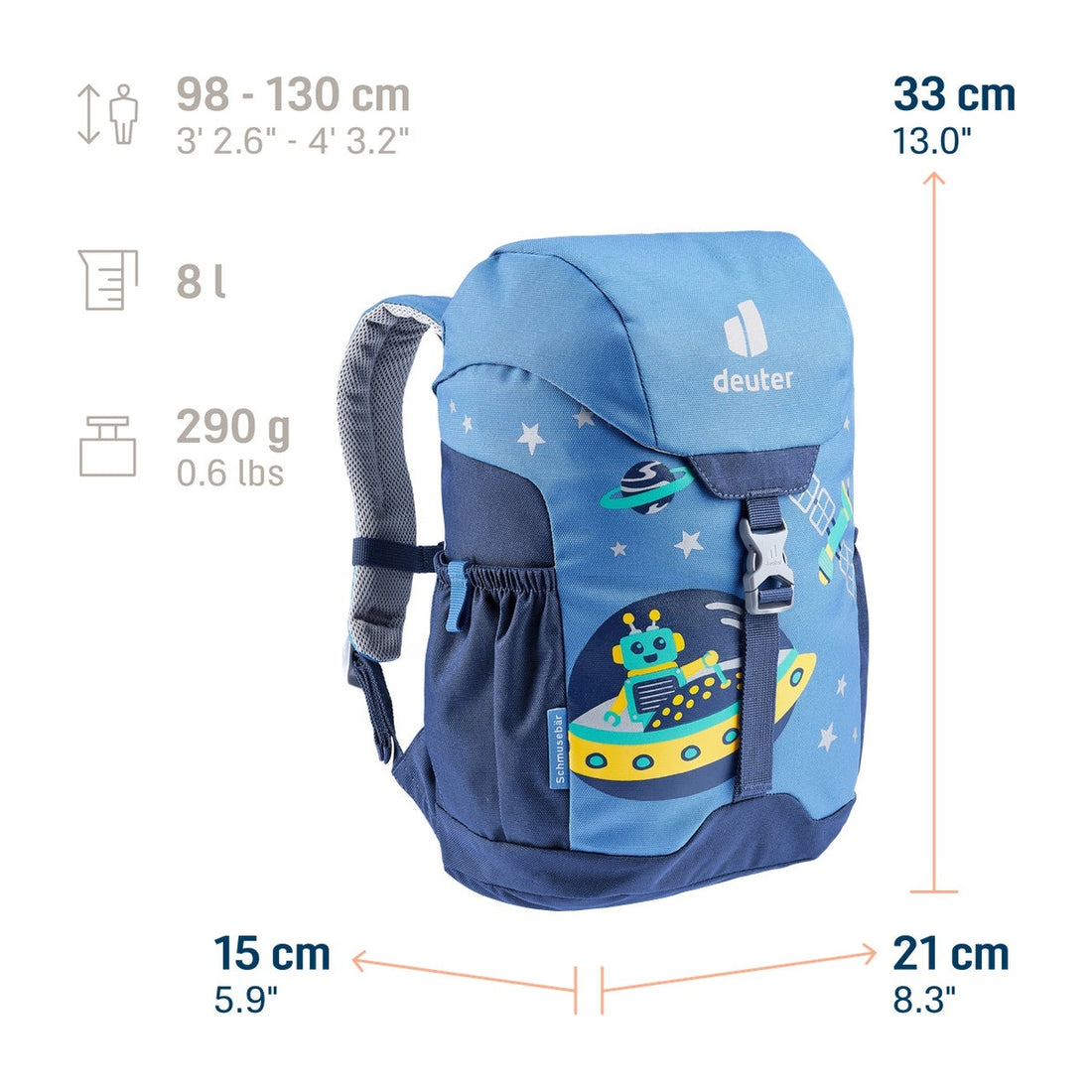 Deuter Schmusebär Kids' Backpack in Wave Nightblue — dimension diagram with backpack measurements