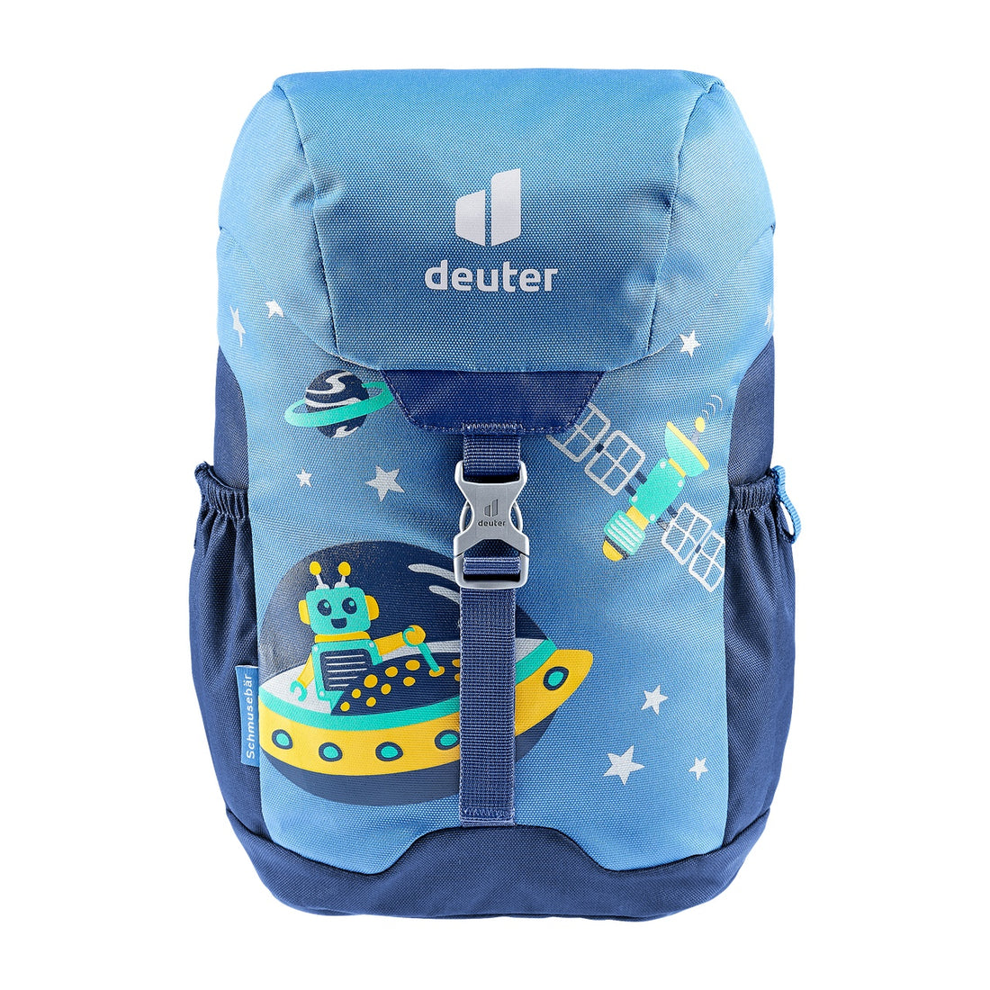 Deuter Schmusebär Kids' Backpack in Wave Nightblue — straight front view with buckle and illustrated pockets