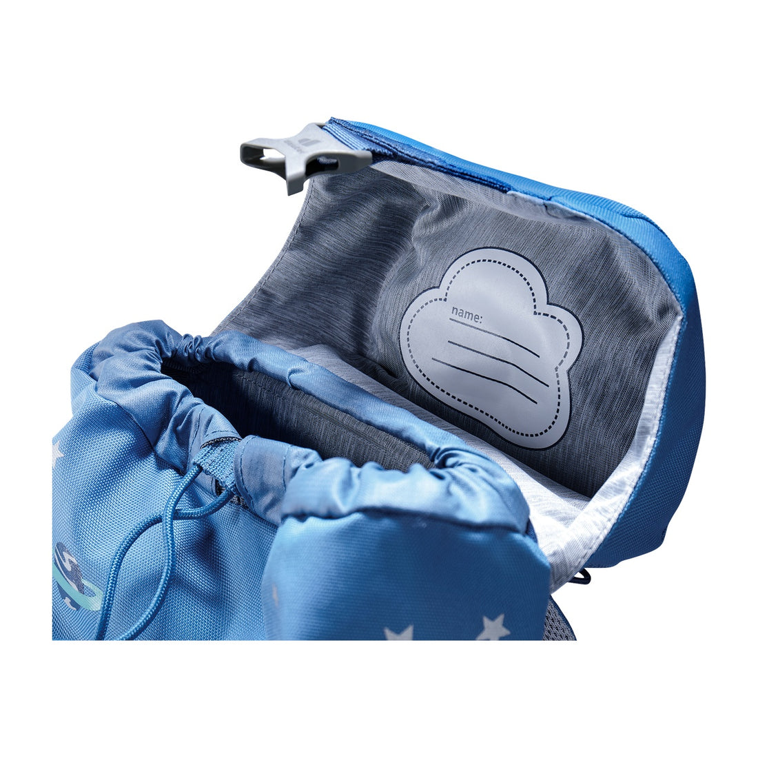 Deuter Schmusebär Kids' Backpack in Wave Nightblue — open main compartment with drawcord and interior name panel
