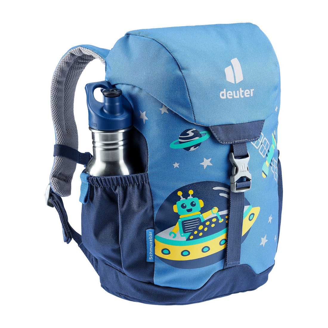 Deuter Schmusebär Kids' Backpack in Wave Nightblue — front three-quarter view with bottle in side pocket